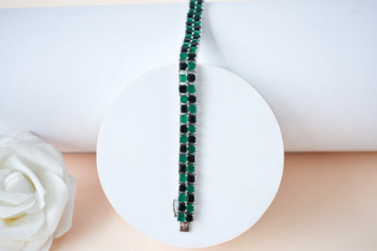 Malachite and onyx mosaic bracelet with square-cut stones set in 925 silver