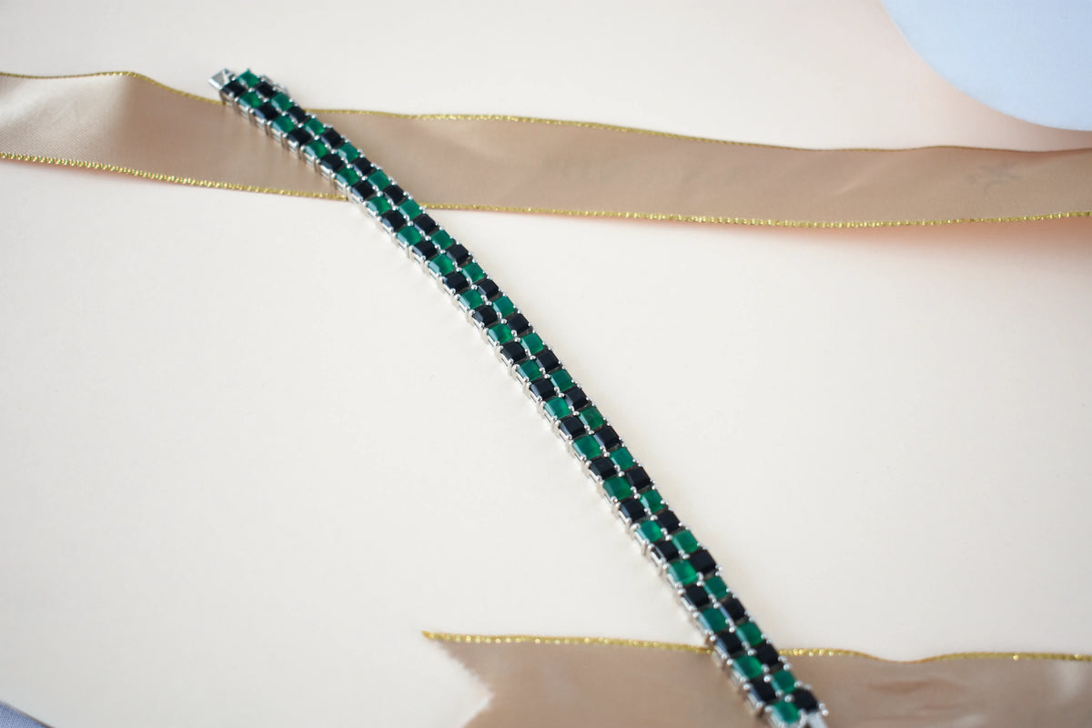 Malachite and onyx mosaic bracelet with square-cut stones set in 925 silver