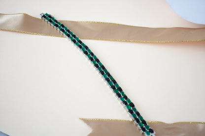 Malachite and onyx mosaic bracelet with square-cut stones set in 925 silver