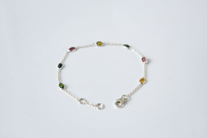 Multi tourmaline by the yard bracelet with bezel-set stones on a 925 silver chain