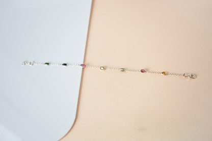 Multi tourmaline by the yard bracelet with bezel-set stones on a 925 silver chain