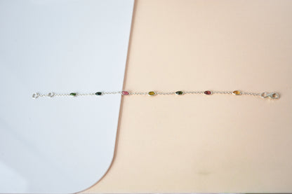 Multi tourmaline by the yard bracelet with bezel-set stones on a 925 silver chain
