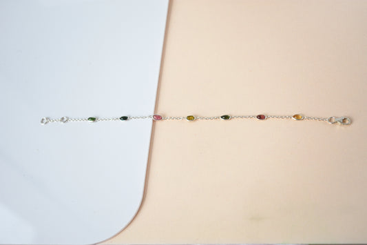 Multi tourmaline by the yard bracelet with bezel-set stones on a 925 silver chain