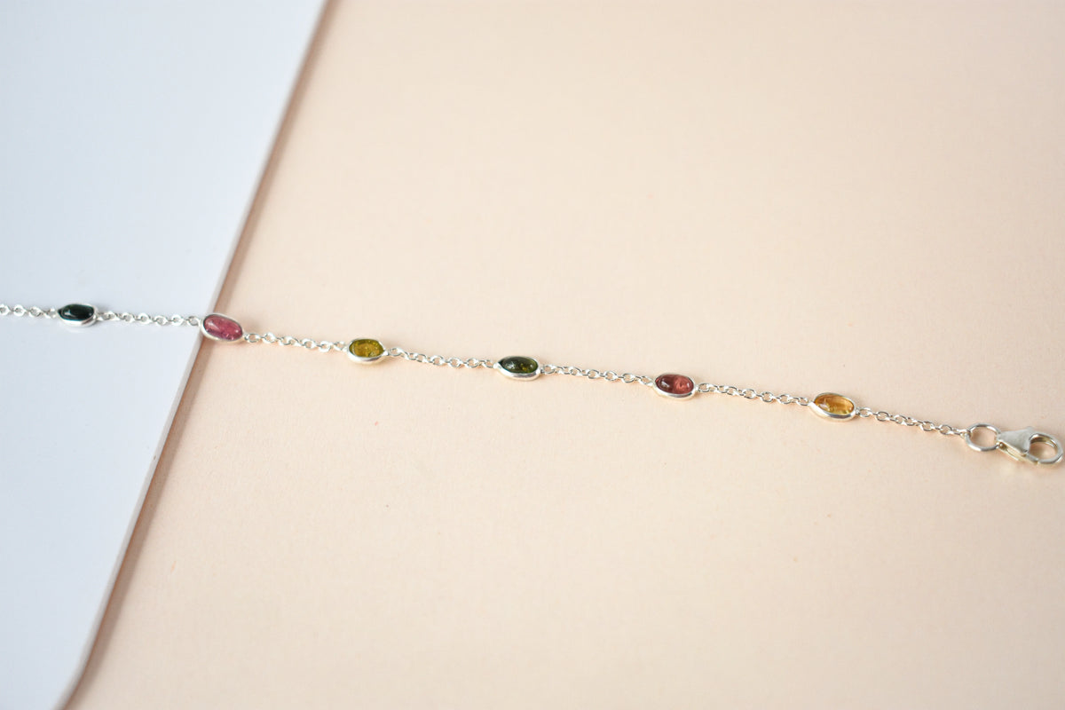 Multi tourmaline by the yard bracelet with bezel-set stones on a 925 silver chain