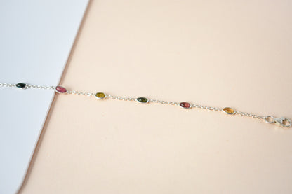 Multi tourmaline by the yard bracelet with bezel-set stones on a 925 silver chain