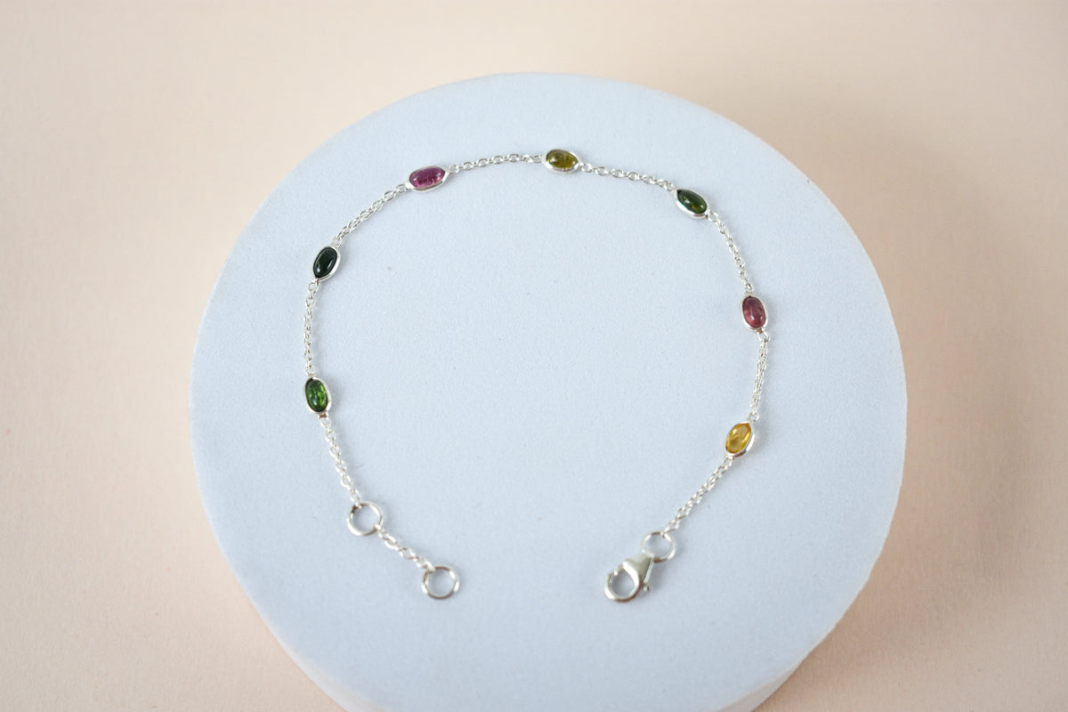 Multi tourmaline by the yard bracelet with bezel-set stones on a 925 silver chain