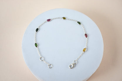 Multi tourmaline by the yard bracelet with bezel-set stones on a 925 silver chain