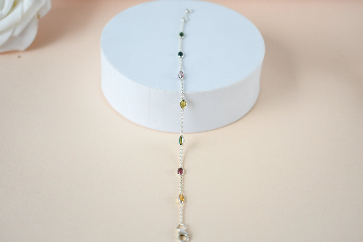 Multi tourmaline by the yard bracelet with bezel-set stones on a 925 silver chain