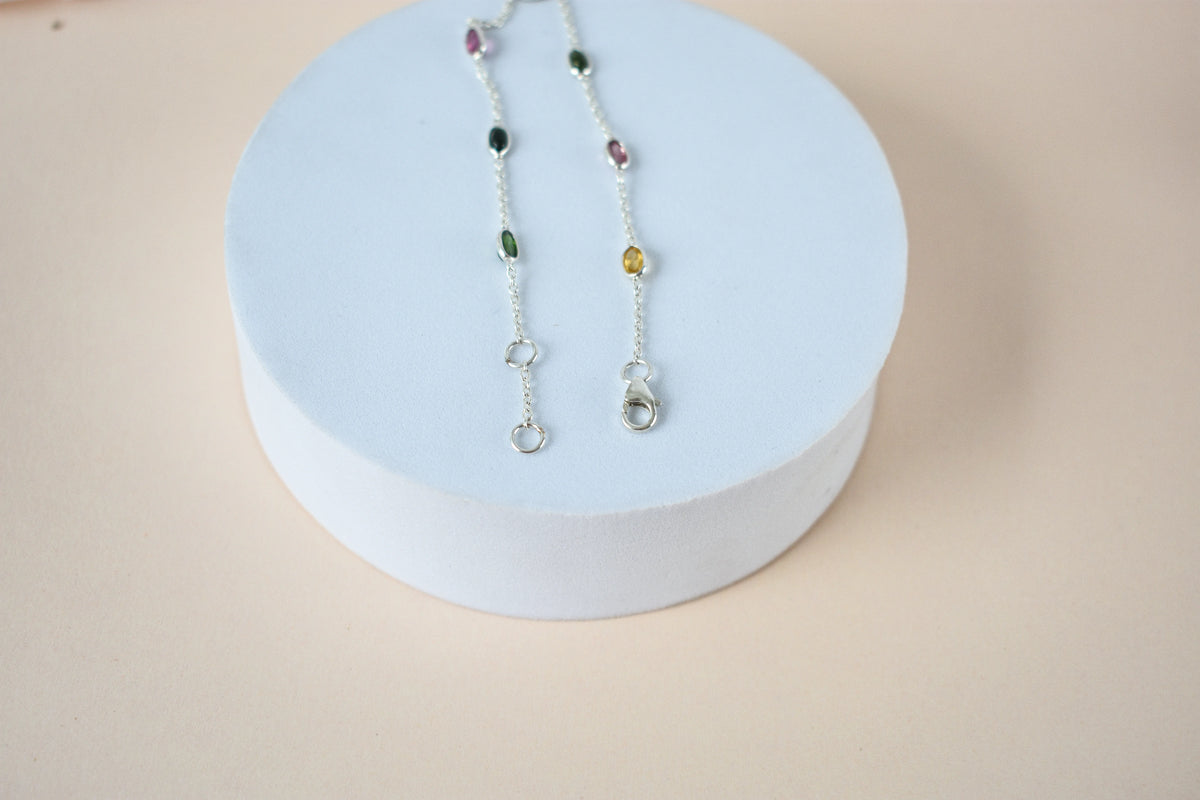 Multi tourmaline by the yard bracelet with bezel-set stones on a 925 silver chain