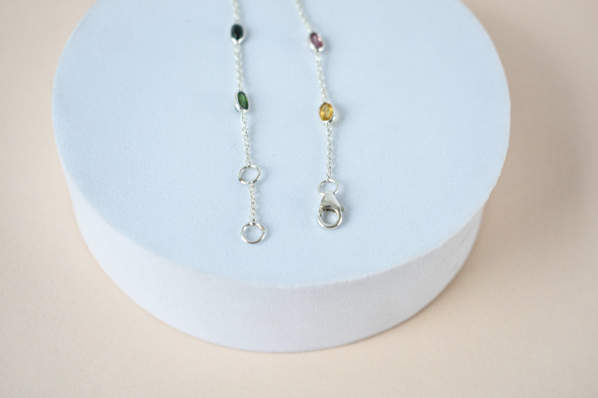 Multi tourmaline by the yard bracelet with bezel-set stones on a 925 silver chain