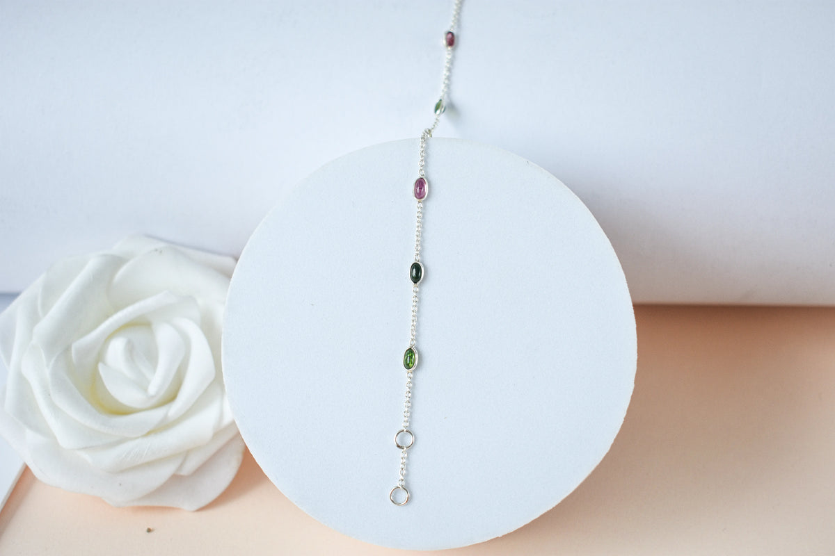 Multi tourmaline by the yard bracelet with bezel-set stones on a 925 silver chain