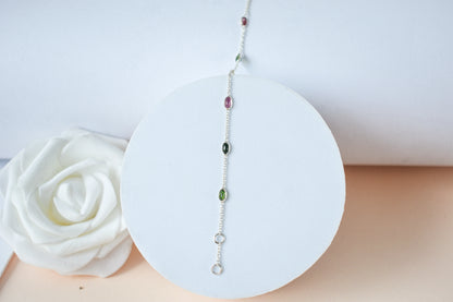 Multi tourmaline by the yard bracelet with bezel-set stones on a 925 silver chain