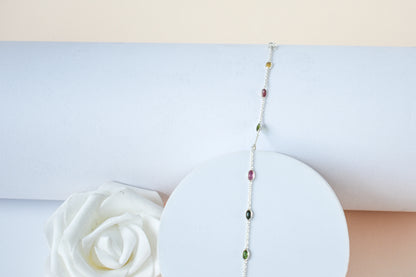 Multi tourmaline by the yard bracelet with bezel-set stones on a 925 silver chain