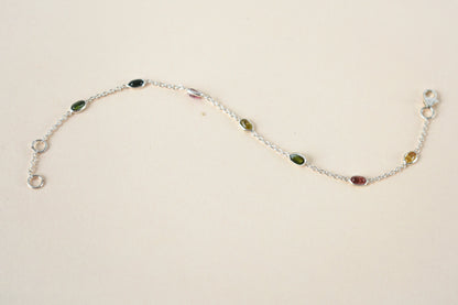 Multi tourmaline by the yard bracelet with bezel-set stones on a 925 silver chain