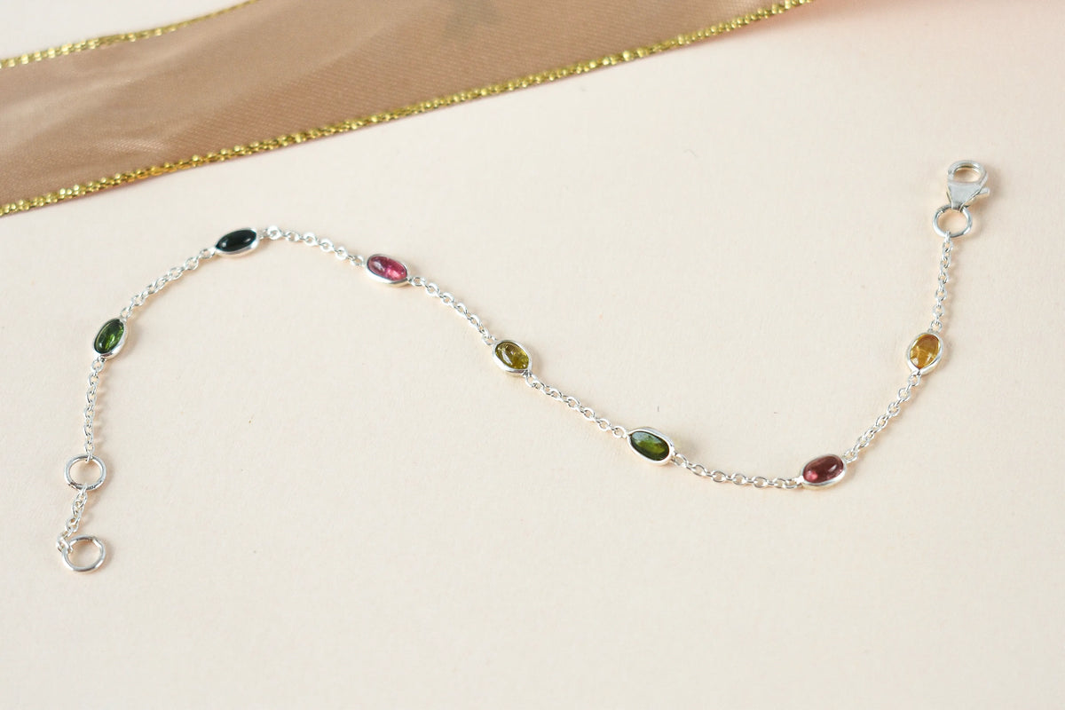 Multi tourmaline by the yard bracelet with bezel-set stones on a 925 silver chain