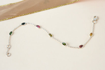Multi tourmaline by the yard bracelet with bezel-set stones on a 925 silver chain