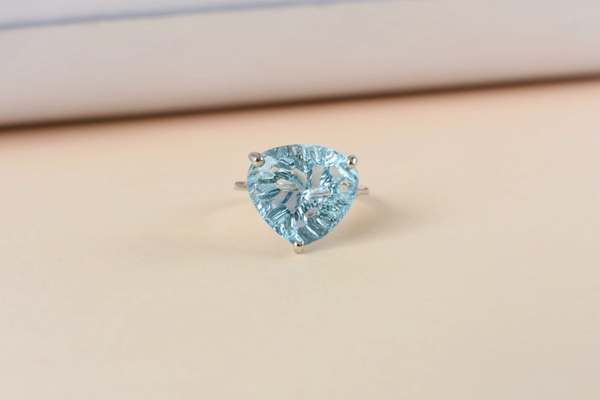 Sky blue topaz trillion-cut solitaire ring in 925 silver