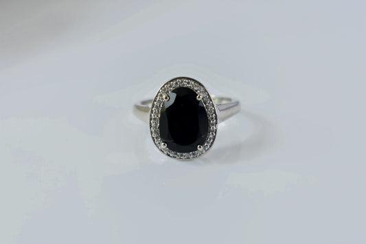 Black onyx oval halo ring in 925 silver