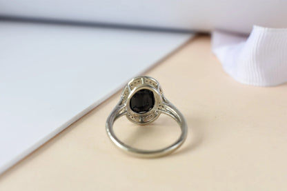 Black onyx oval halo ring in 925 silver