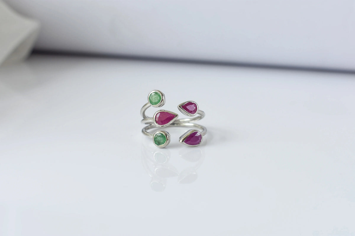 Ruby and emerald open cluster ring in 925 silver