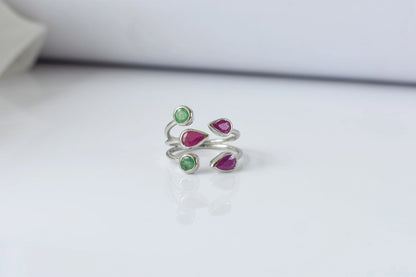 Ruby and emerald open cluster ring in 925 silver