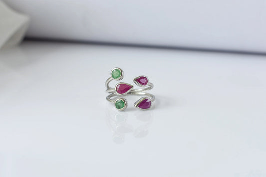 Ruby and emerald open cluster ring in 925 silver
