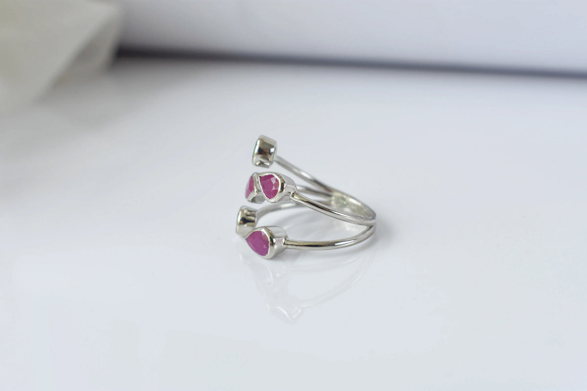 Ruby and emerald open cluster ring in 925 silver