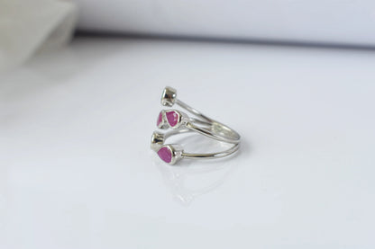 Ruby and emerald open cluster ring in 925 silver