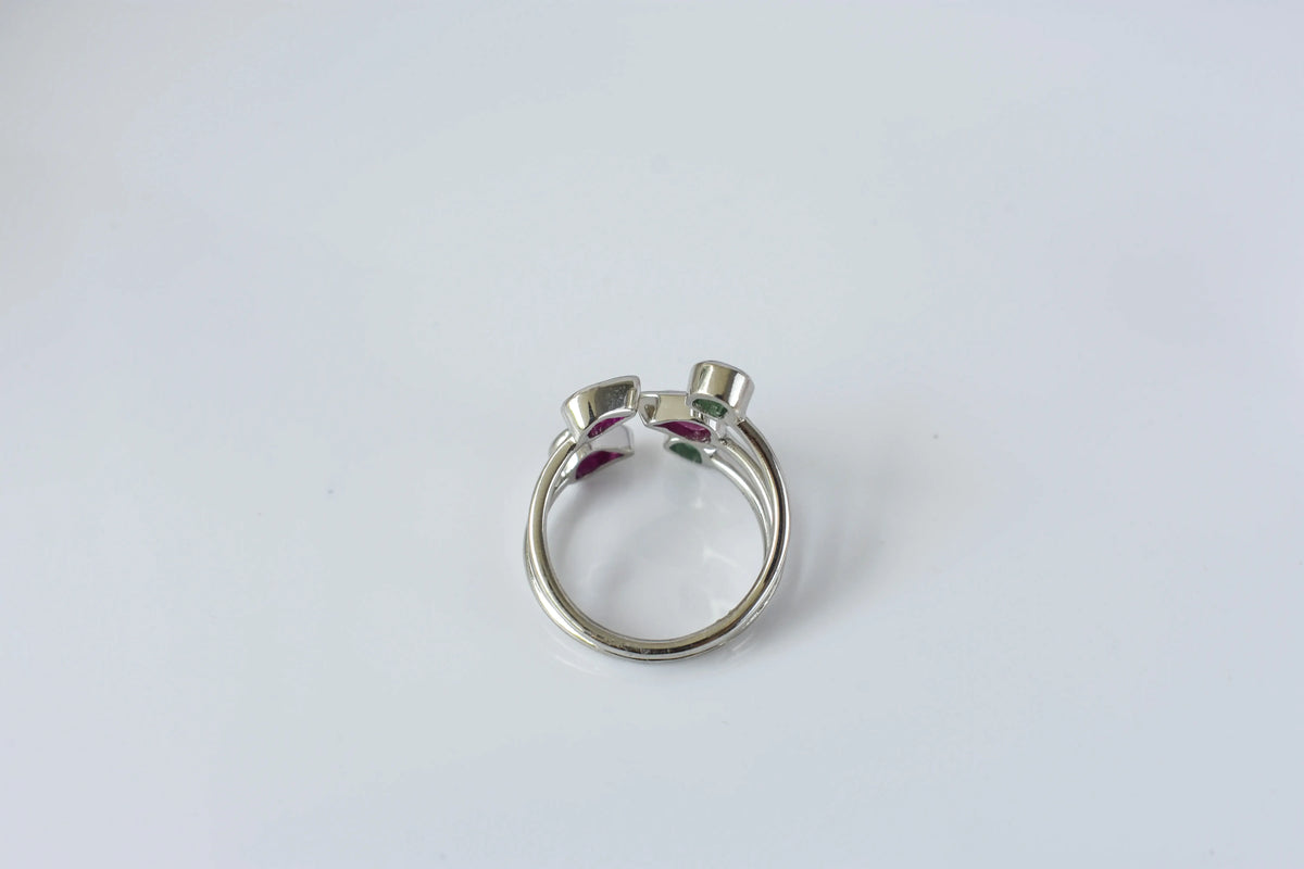 Ruby and emerald open cluster ring in 925 silver
