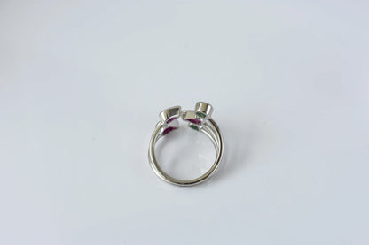 Ruby and emerald open cluster ring in 925 silver