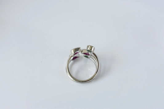 Ruby and emerald open cluster ring in 925 silver
