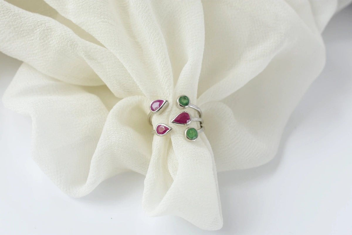 Ruby and emerald open cluster ring in 925 silver