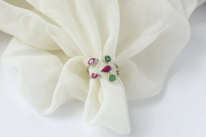 Ruby and emerald open cluster ring in 925 silver