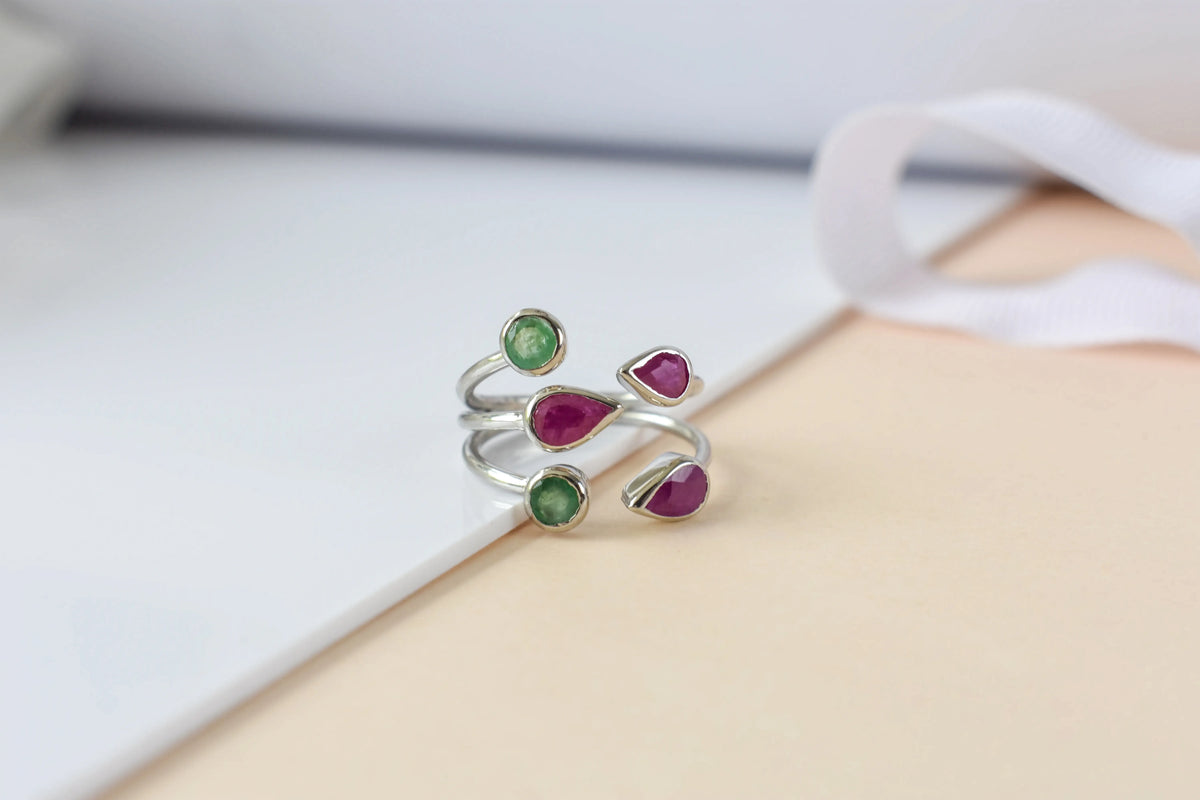 Ruby and emerald open cluster ring in 925 silver