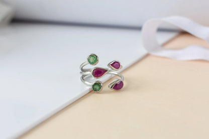 Ruby and emerald open cluster ring in 925 silver