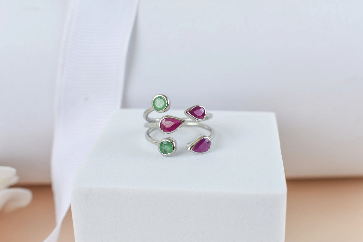 Ruby and emerald open cluster ring in 925 silver