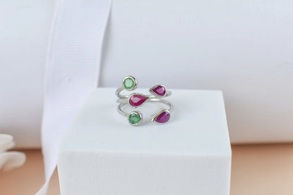 Ruby and emerald open cluster ring in 925 silver