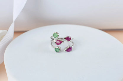 Ruby and emerald open cluster ring in 925 silver