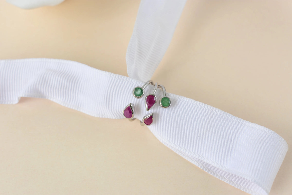 Ruby and emerald open cluster ring in 925 silver