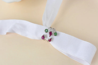 Ruby and emerald open cluster ring in 925 silver