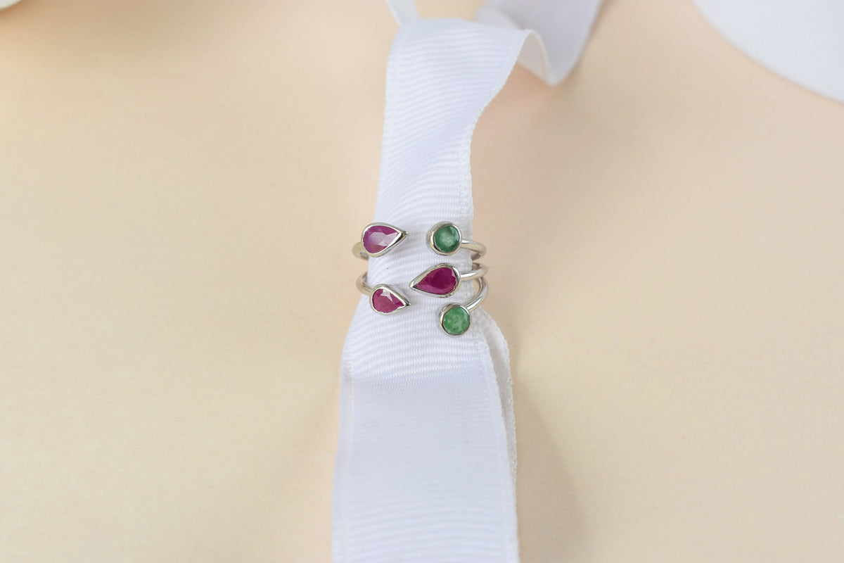 Ruby and emerald open cluster ring in 925 silver