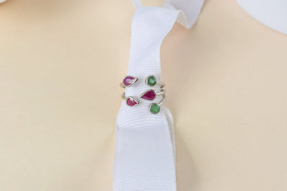 Ruby and emerald open cluster ring in 925 silver