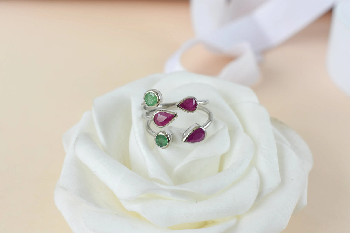 Ruby and emerald open cluster ring in 925 silver