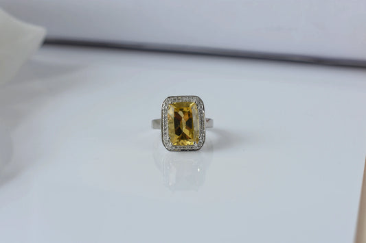 Citrine emerald-cut halo ring in 925 silver