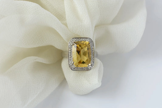 Citrine emerald-cut halo ring in 925 silver