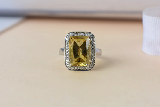 Citrine emerald-cut halo ring in 925 silver