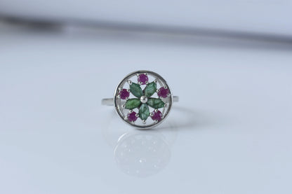 Emerald and ruby flower cluster ring in 925 silver