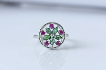 Emerald and ruby flower cluster ring in 925 silver