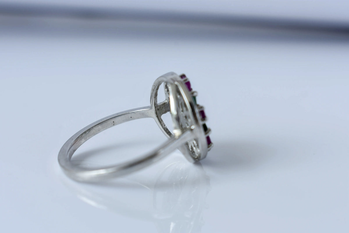 Emerald and ruby flower cluster ring in 925 silver