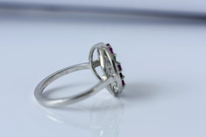 Emerald and ruby flower cluster ring in 925 silver
